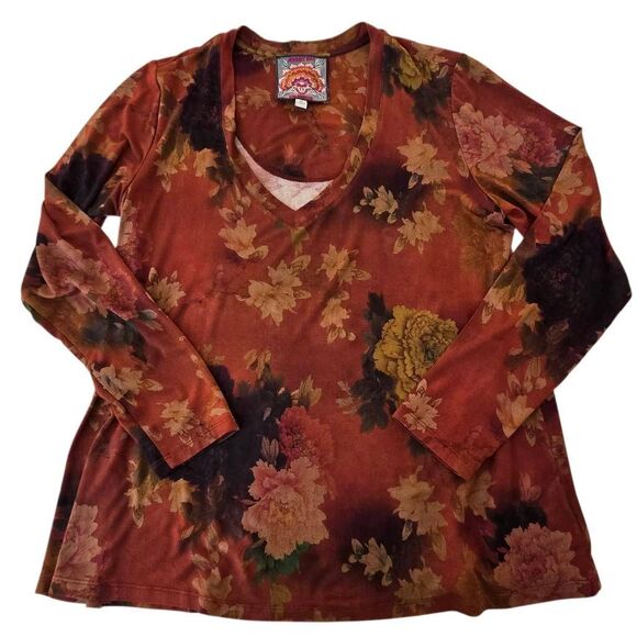 Johnny Was Womens Embers Floral Favorite Long Sleeve Vneck Swing Tee Rust Medium - Picture 8 of 9